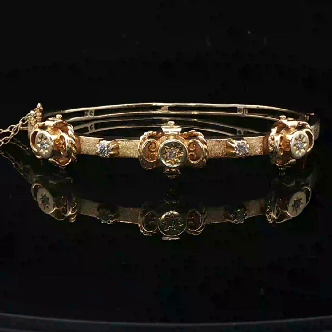 14k Yellow Gold and Diamond 16.3g Solid Vintage Bangle Bracelet 6.5"