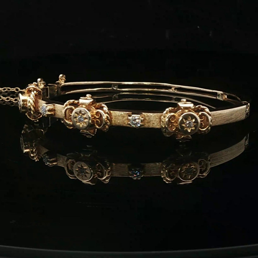 14k Yellow Gold and Diamond 16.3g Solid Vintage Bangle Bracelet 6.5"