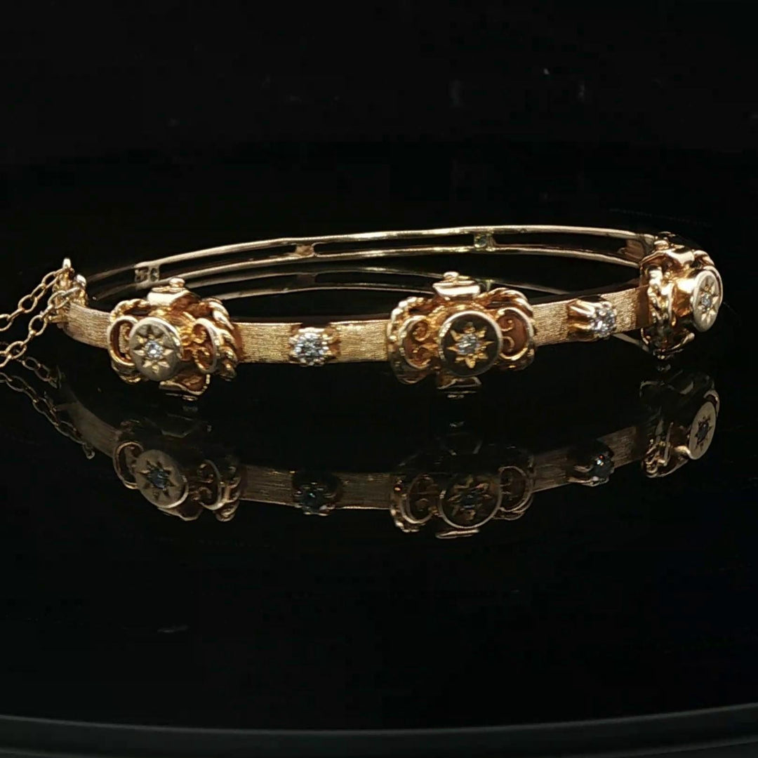 14k Yellow Gold and Diamond 16.3g Solid Vintage Bangle Bracelet 6.5"