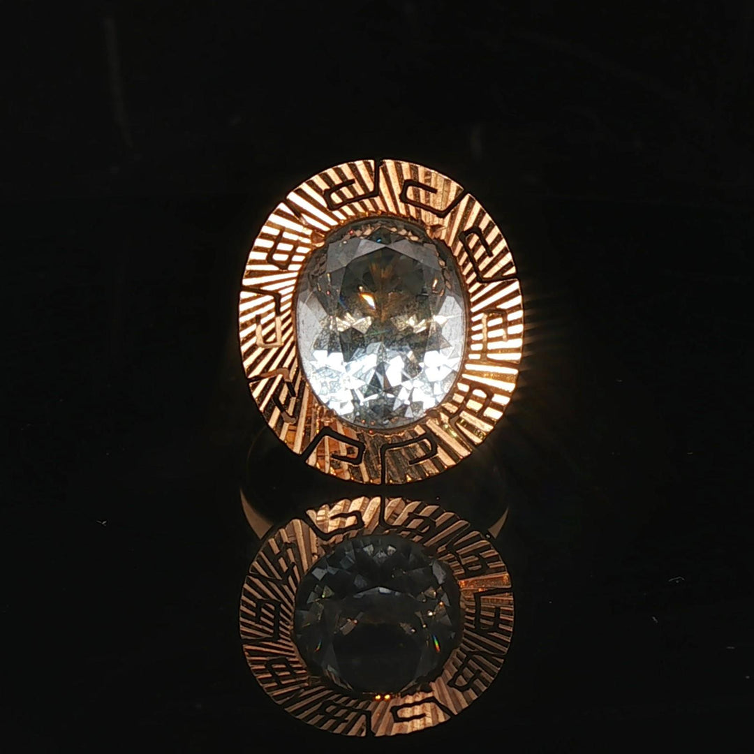 14k Yellow Gold and Aquamarine Greek Key Halo Ring Size 6.75