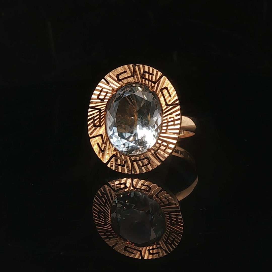 14k Yellow Gold and Aquamarine Greek Key Halo Ring Size 6.75