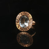 14k Yellow Gold and Aquamarine Greek Key Halo Ring Size 6.75