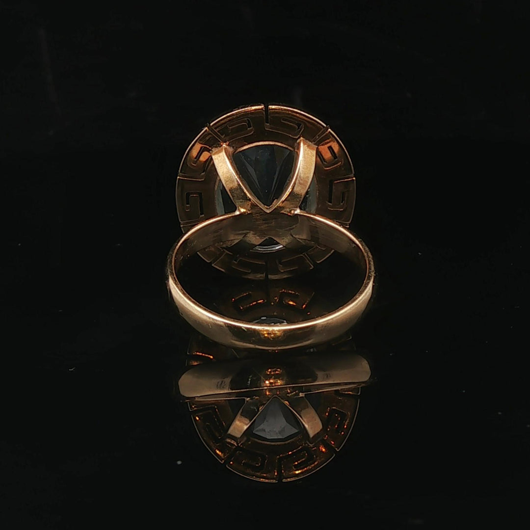 14k Yellow Gold and Aquamarine Greek Key Halo Ring Size 6.75