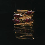 18k Yellow Gold Red Garnet and Diamond Heavy Abstract Ring Size 5.5