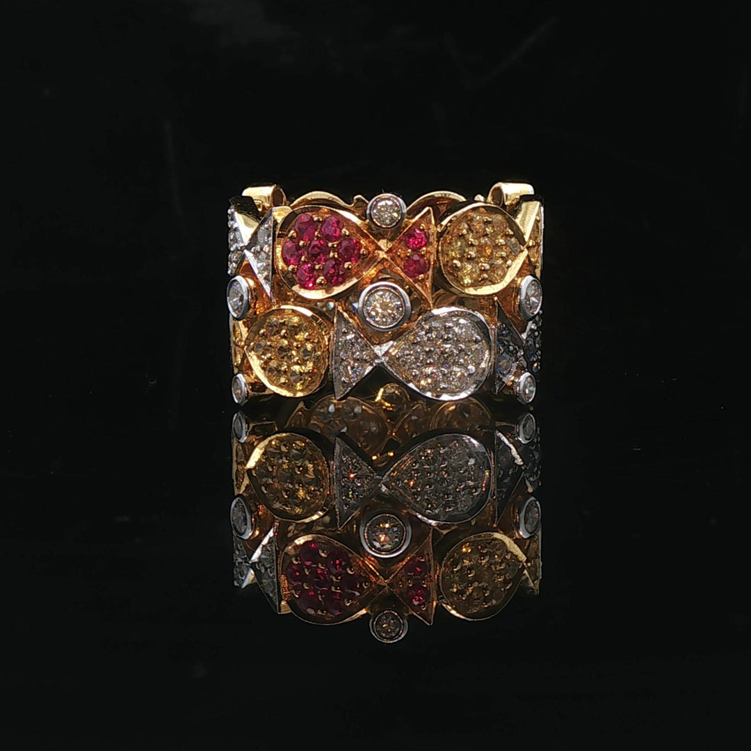 18k Yellow Gold Diamond Ruby Yellow and Blue Sapphire Fish Band Ring Size 7