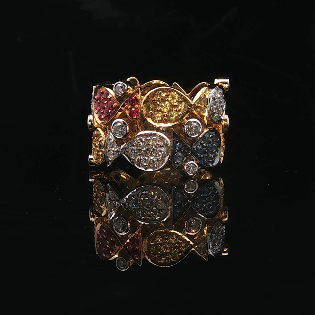 18k Yellow Gold Diamond Ruby Yellow and Blue Sapphire Fish Band Ring Size 7