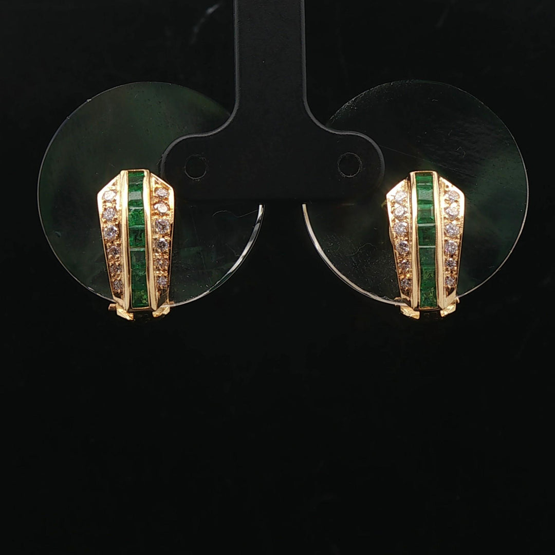 18k Yellow Gold Emerald and Diamond Clip On Earrings