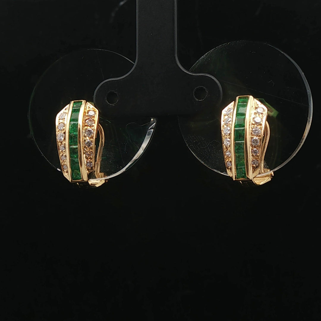 18k Yellow Gold Emerald and Diamond Clip On Earrings