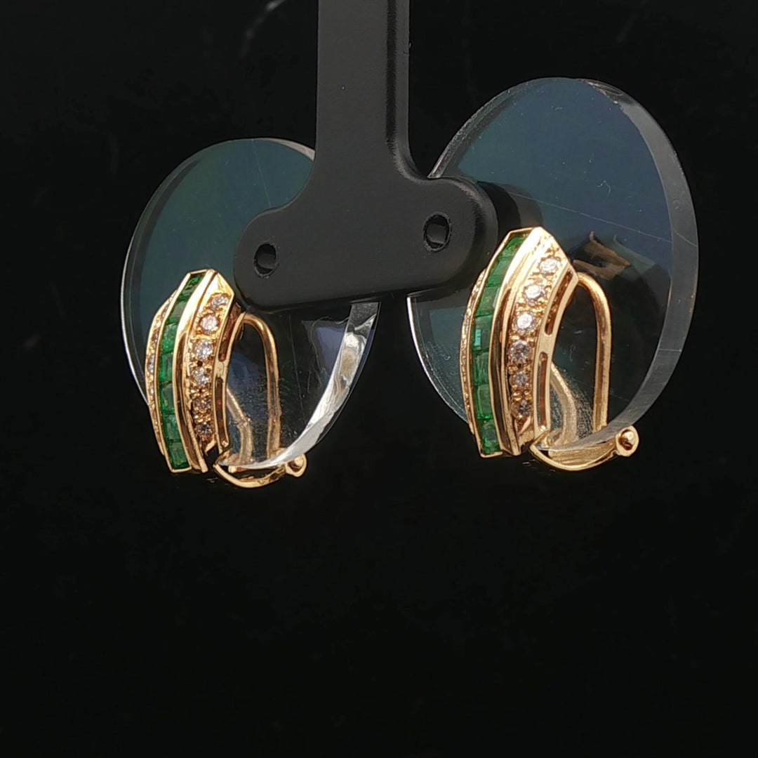 18k Yellow Gold Emerald and Diamond Clip On Earrings