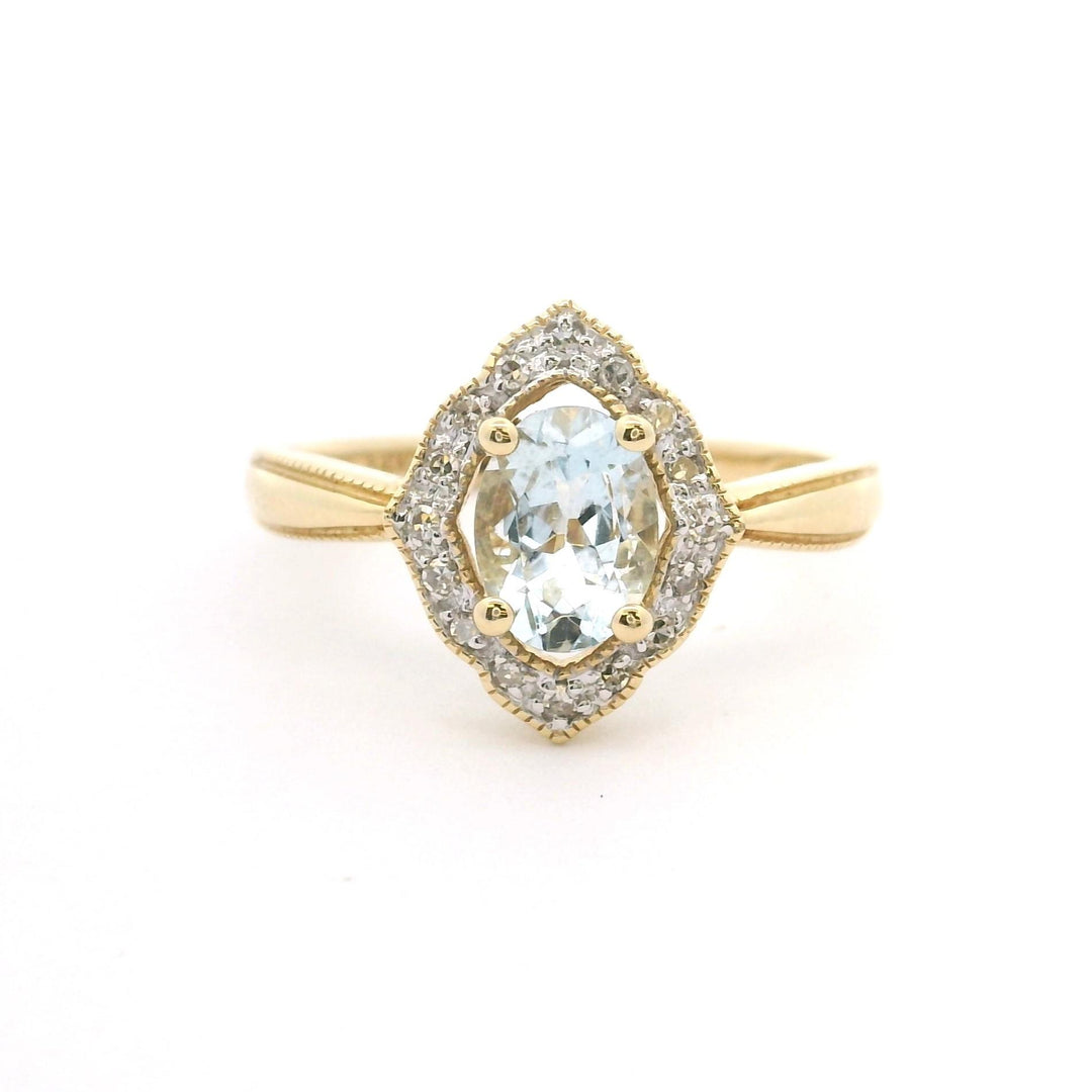14k Yellow Gold Aquamarine and Diamond Ladies Ring Size 7
