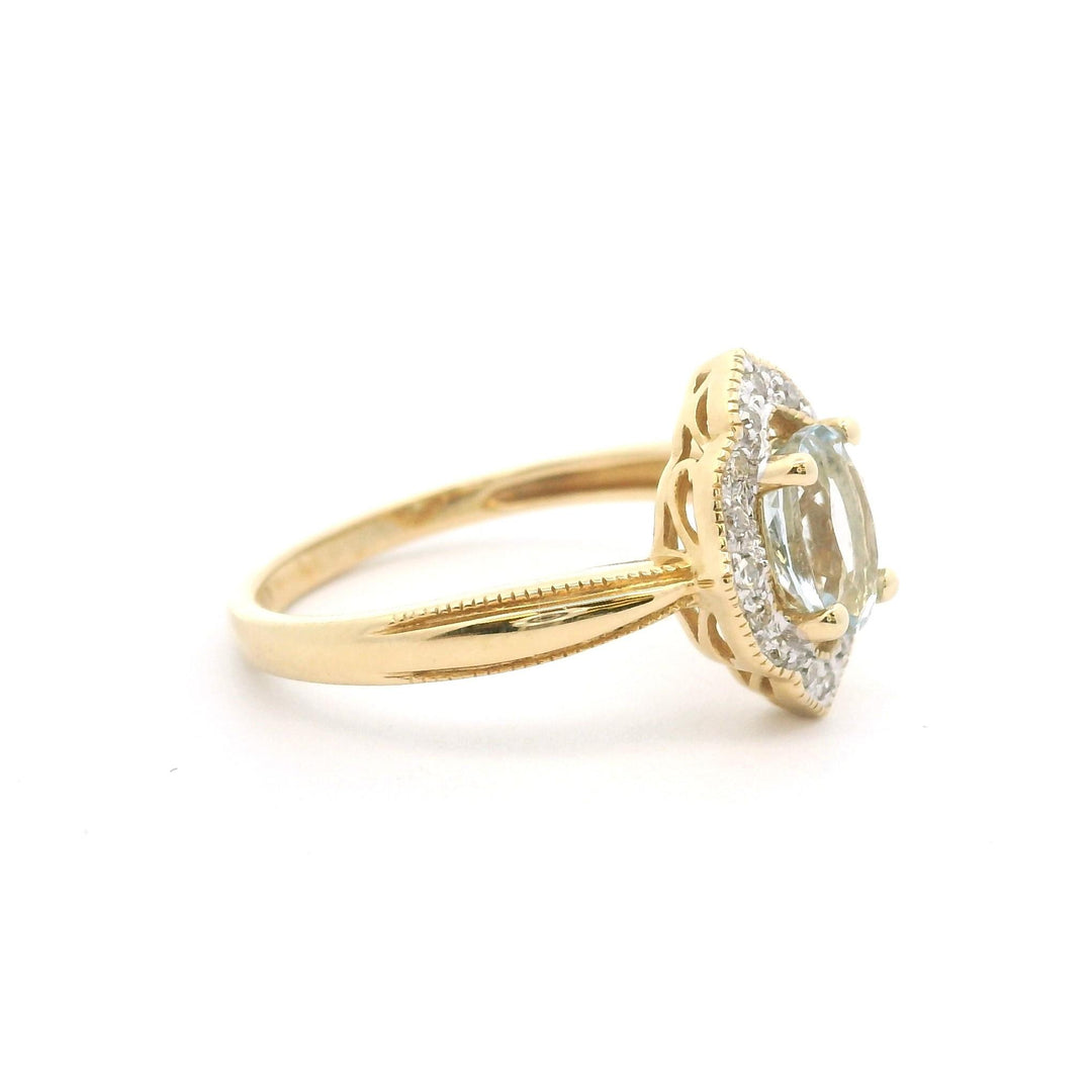 14k Yellow Gold Aquamarine and Diamond Ladies Ring Size 7