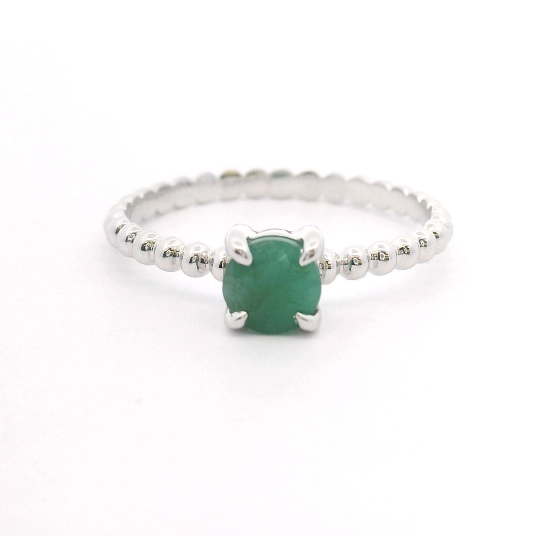 10k White Gold and 0.50ct Round Cut Emerald Ladies Beaded Ring Size 7