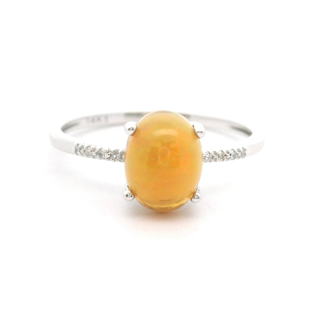 14k White Gold Orange Cabochon Opal and Diamond Ladies Ring Size 7