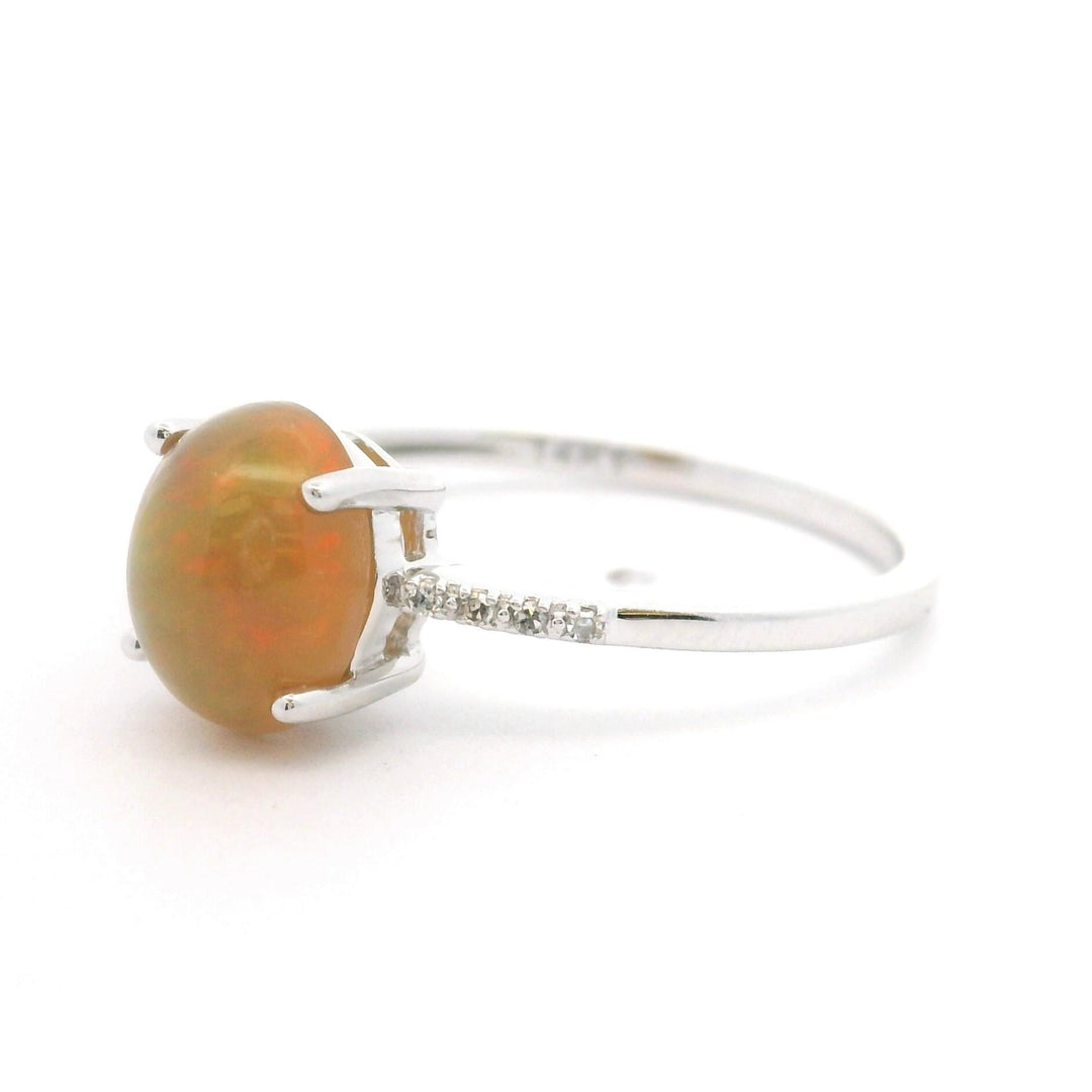 14k White Gold Orange Cabochon Opal and Diamond Ladies Ring Size 7