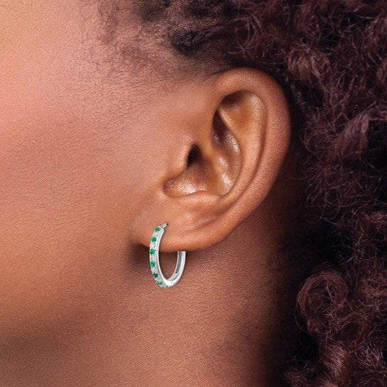 Brand New 14k White Gold Diamond and Emerald Hinged Hoop Earrings