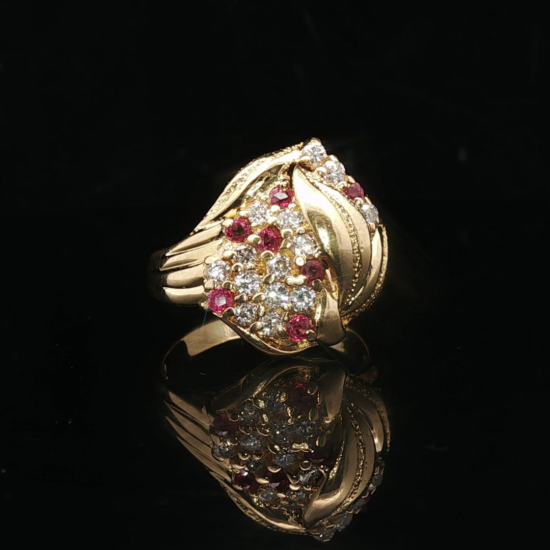 18k Yellow Gold Ruby and 0.45cttw Diamond Ladies Floral Ring Size 7.5