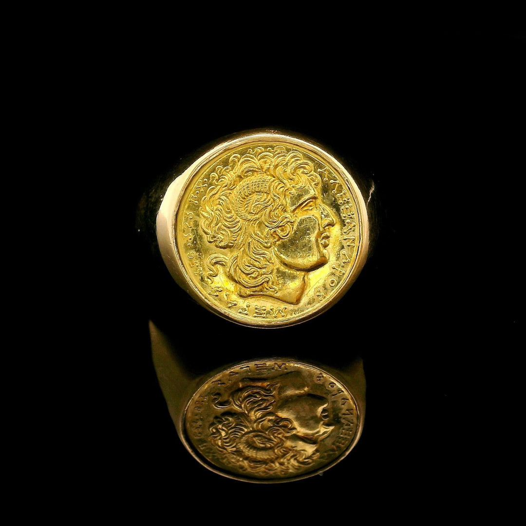 18k Yellow Gold 4.8g Alexander the Great Greek Signet Ring Size 8