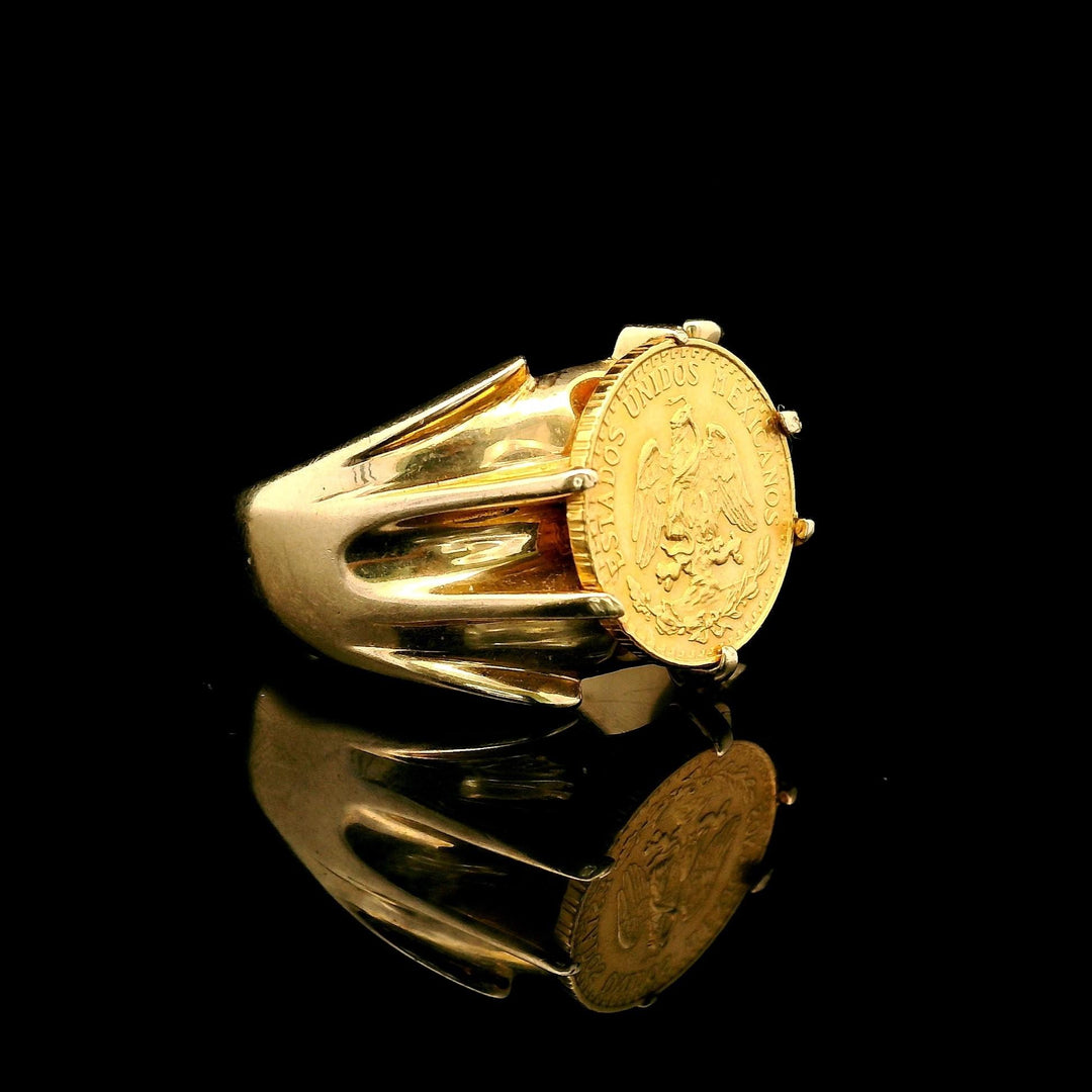 14k Yellow Gold and .900 Mexican Dos Peso Coin Ring Size 9