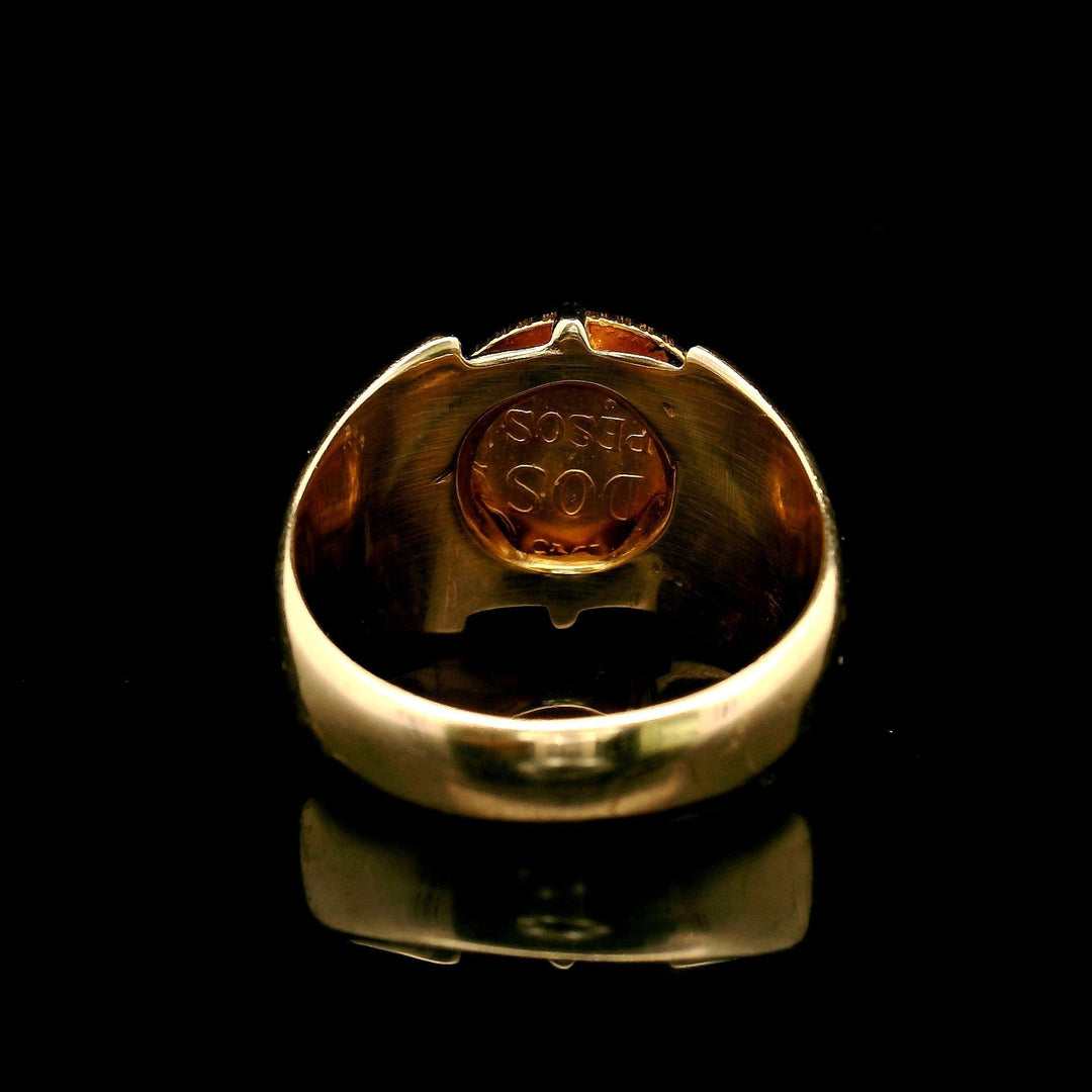 14k Yellow Gold and .900 Mexican Dos Peso Coin Ring Size 9