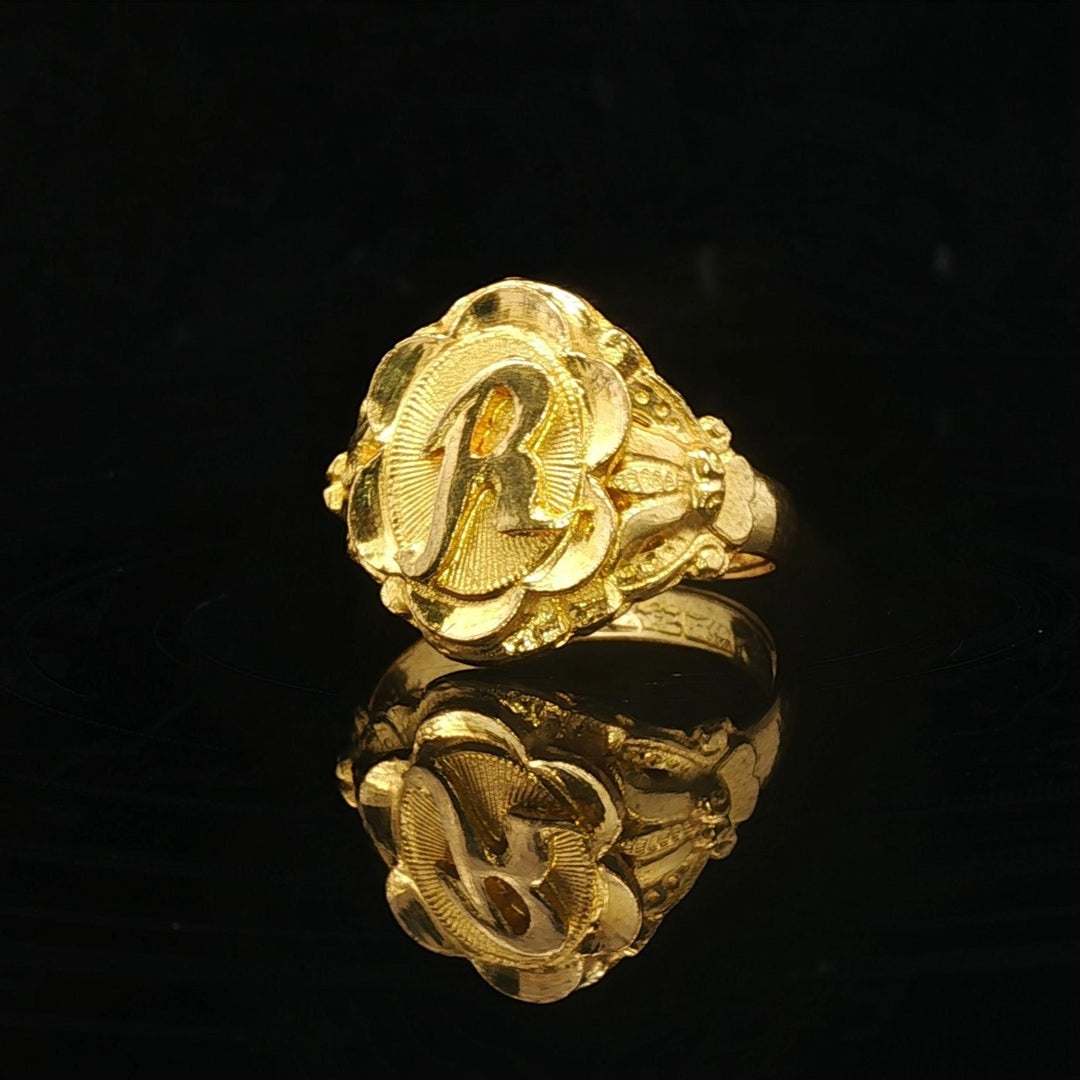 24k Pure Yellow Gold 6.9g Solid Fancy R Ring Size 6.5