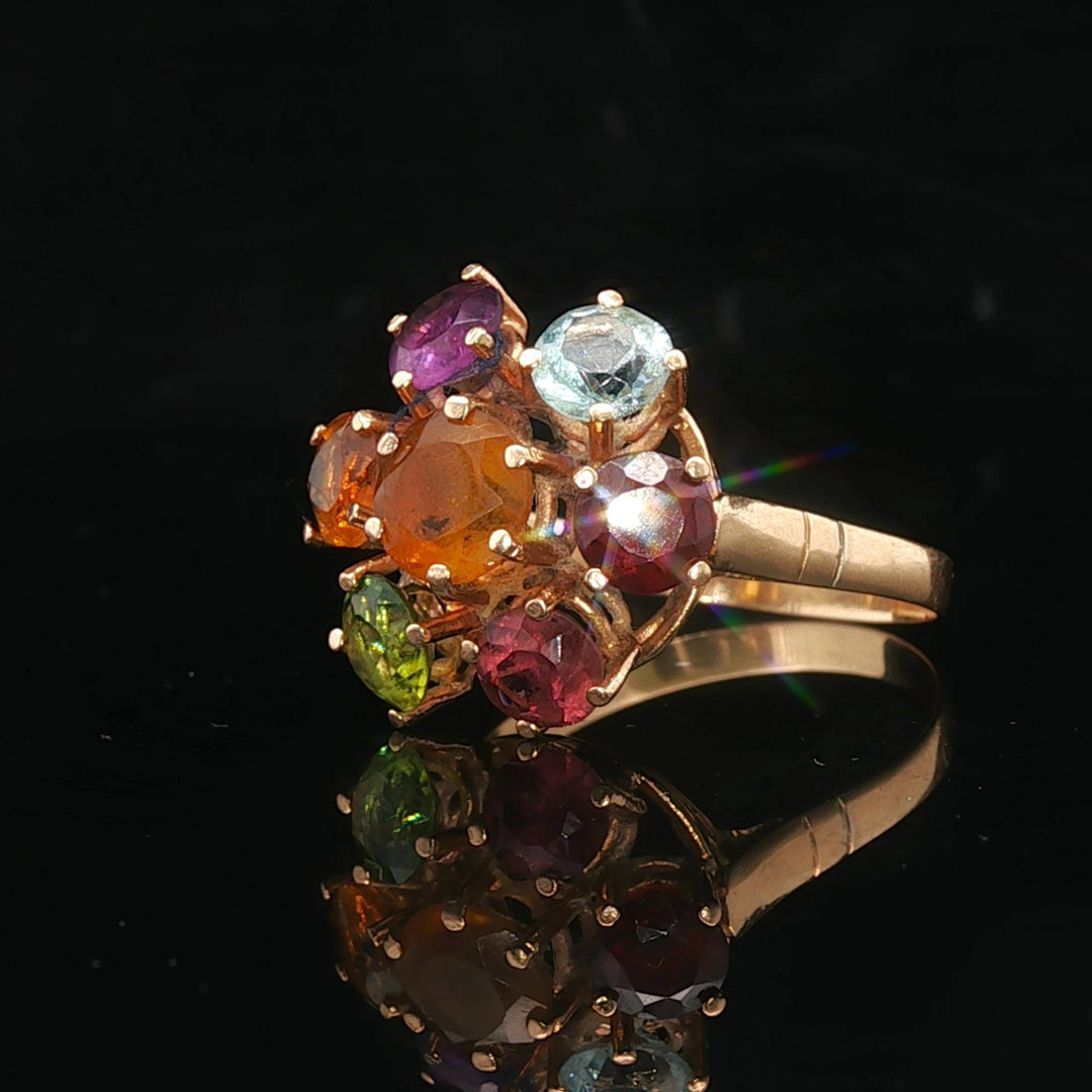18k Yellow Gold and Multi Gemstone Ladies Floral Ring Size 7.5