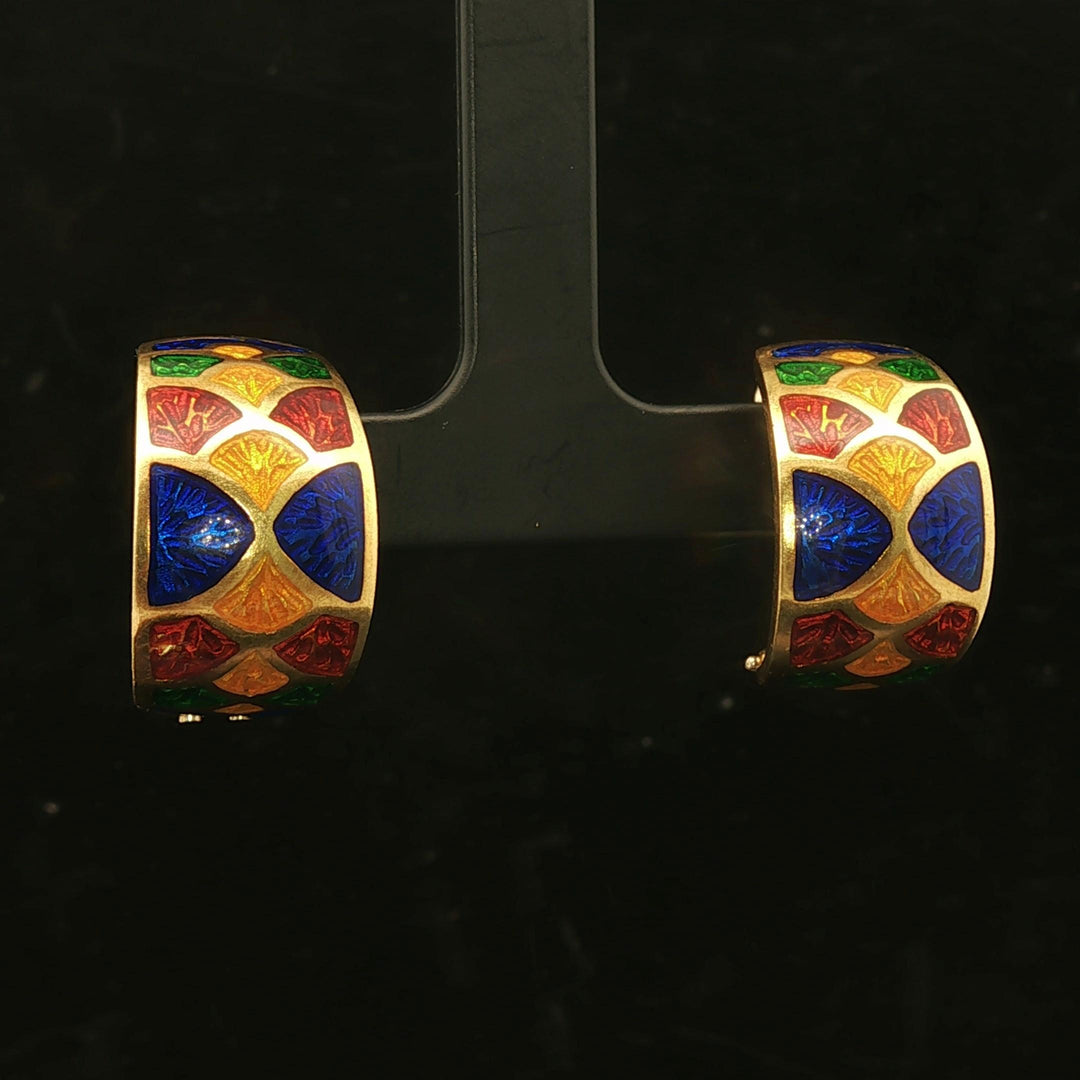 18k Yellow Gold and Enamel 10.7g Ladies Huggie Earrings Italy