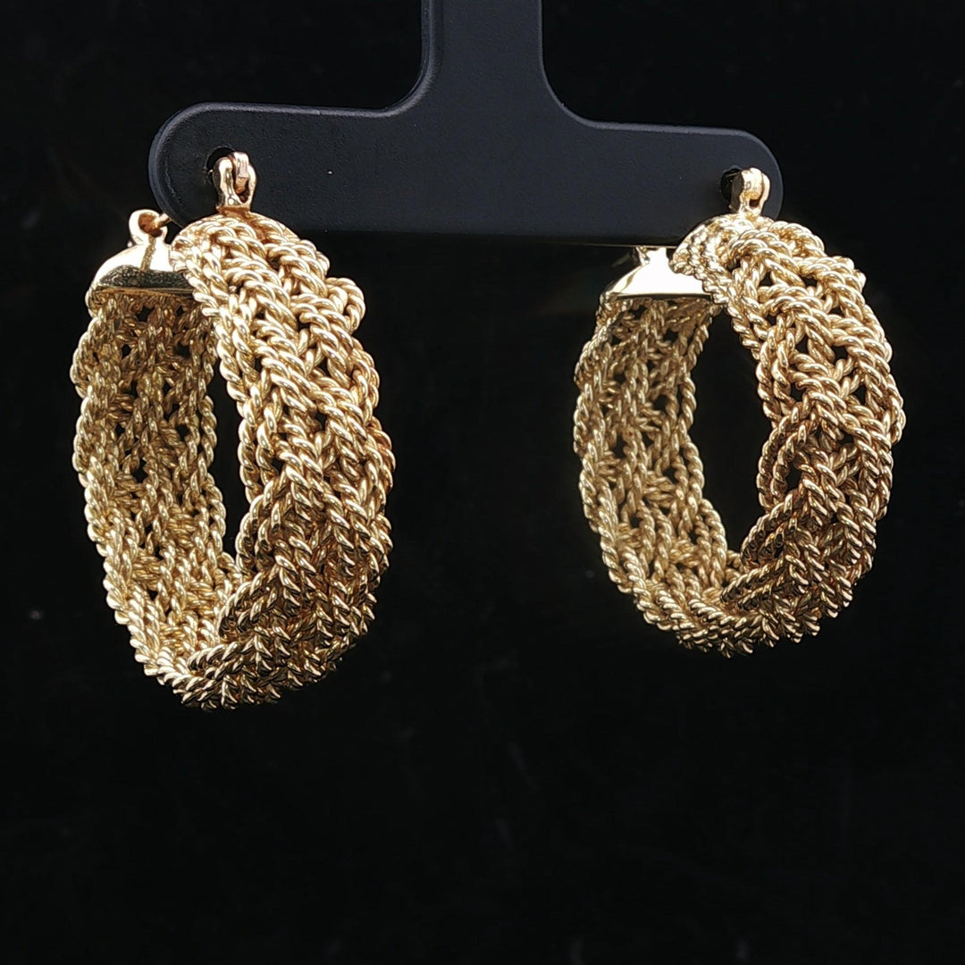 18k Yellow Gold 22g Solid Heavy Braided Rope Hoop Earrings 1.25"