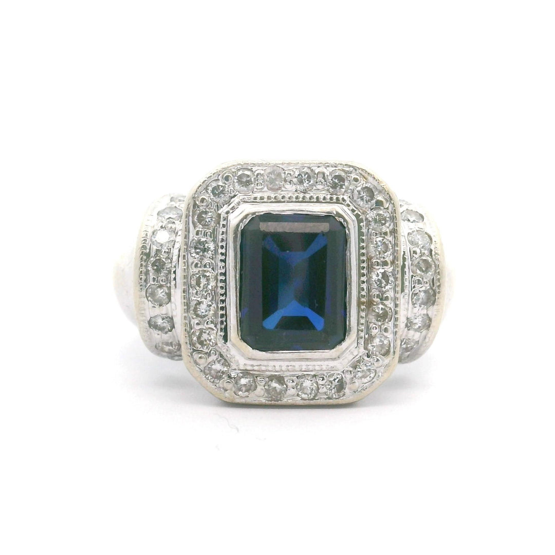 14k White Gold Blue Sapphire and Diamond Vintage Ring Size 6.5