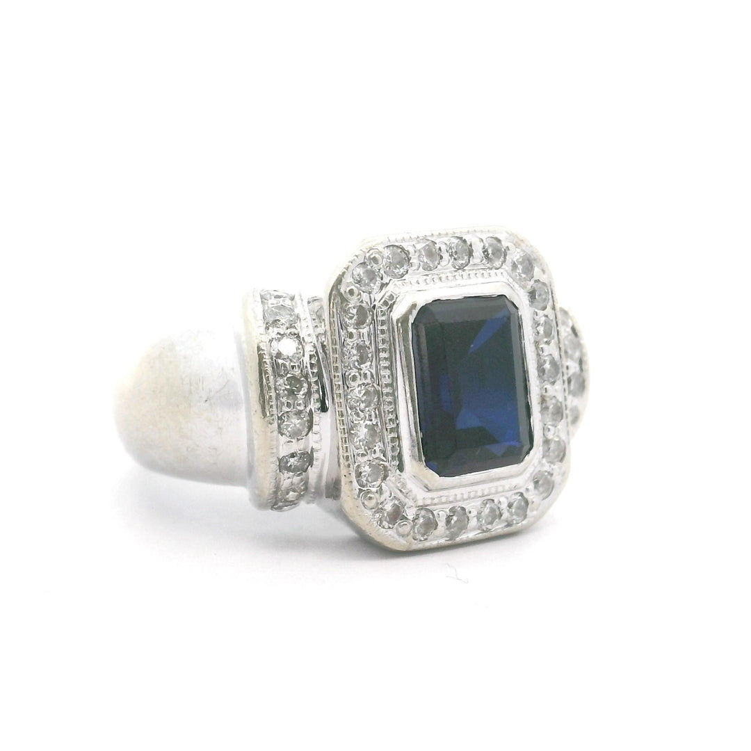 14k White Gold Blue Sapphire and Diamond Vintage Ring Size 6.5