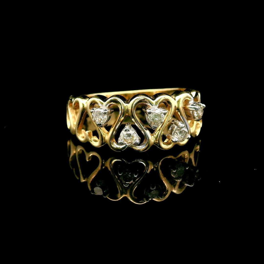 14k Yellow Gold and Diamond Ladies Heart Band Ring Size 6.5