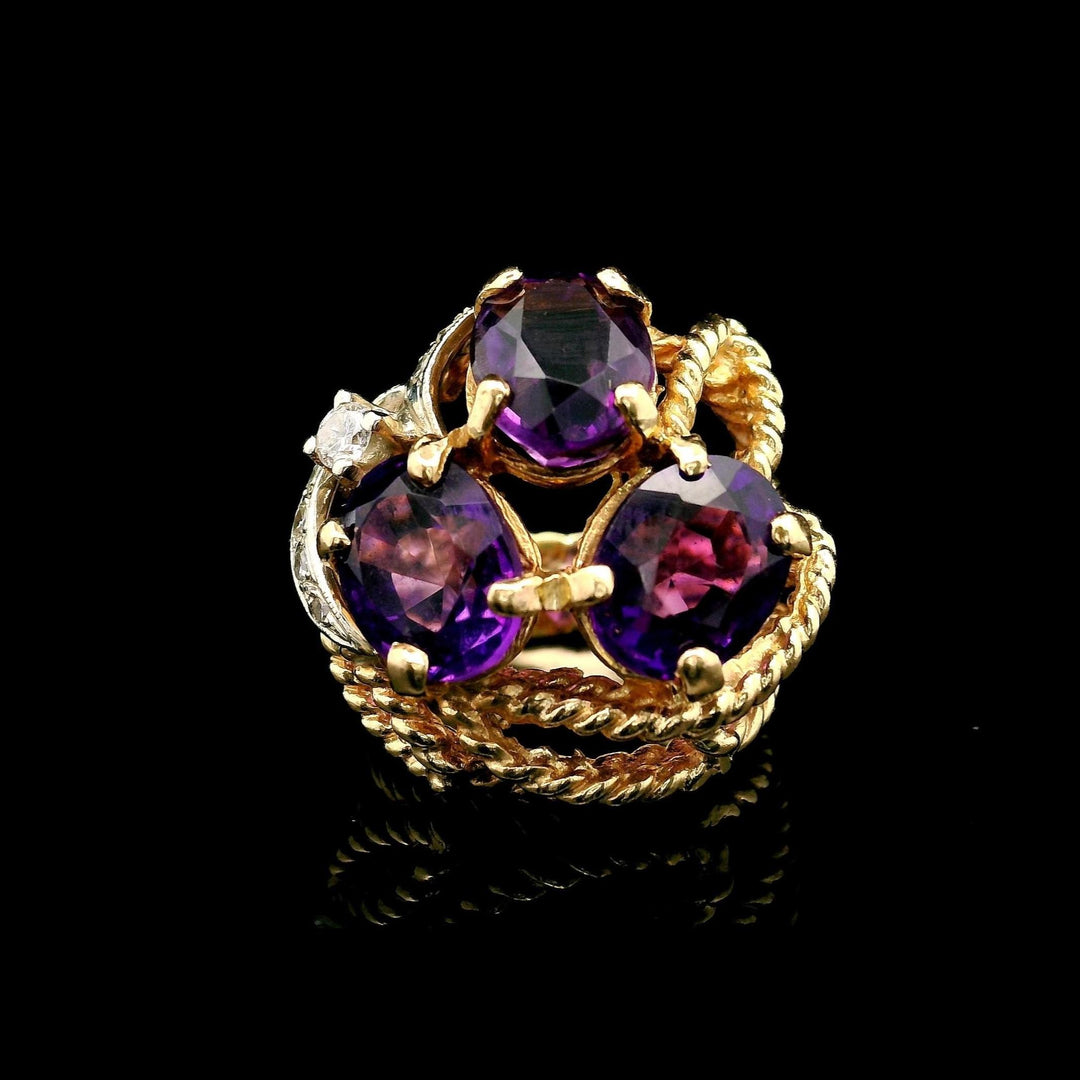 14k Yellow Gold Amethyst and Diamond 10.5g Solid Ladies Ring Size 3.25