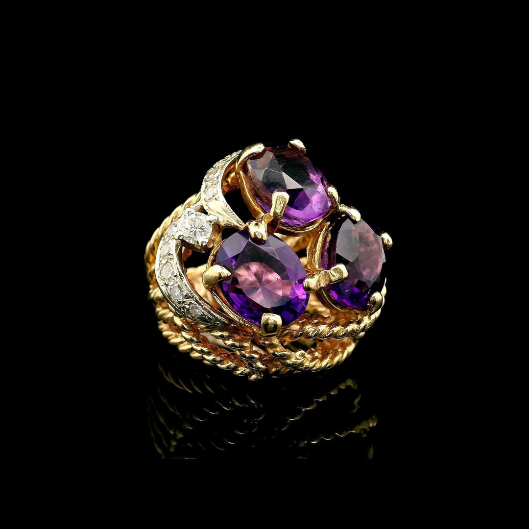 14k Yellow Gold Amethyst and Diamond 10.5g Solid Ladies Ring Size 3.25