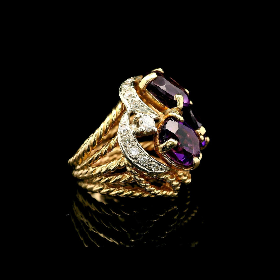 14k Yellow Gold Amethyst and Diamond 10.5g Solid Ladies Ring Size 3.25