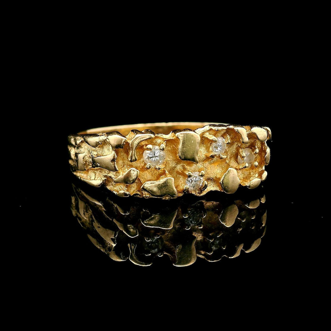 14k Yellow Gold and Diamond Chunky Nugget Ring Size 7