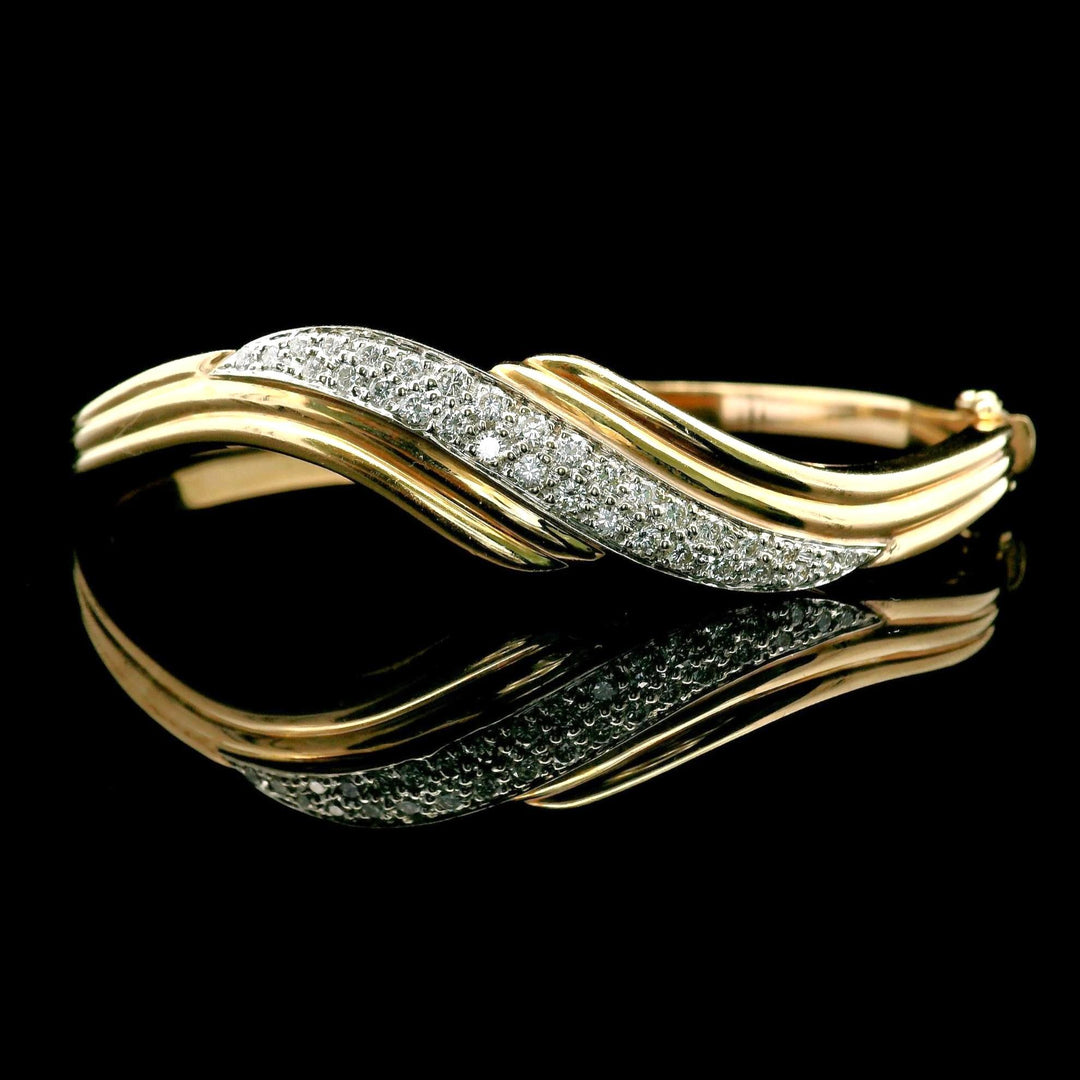 14k Yellow Gold and 1.85cttw Diamond Curved Bangle Bracelet 6.75"