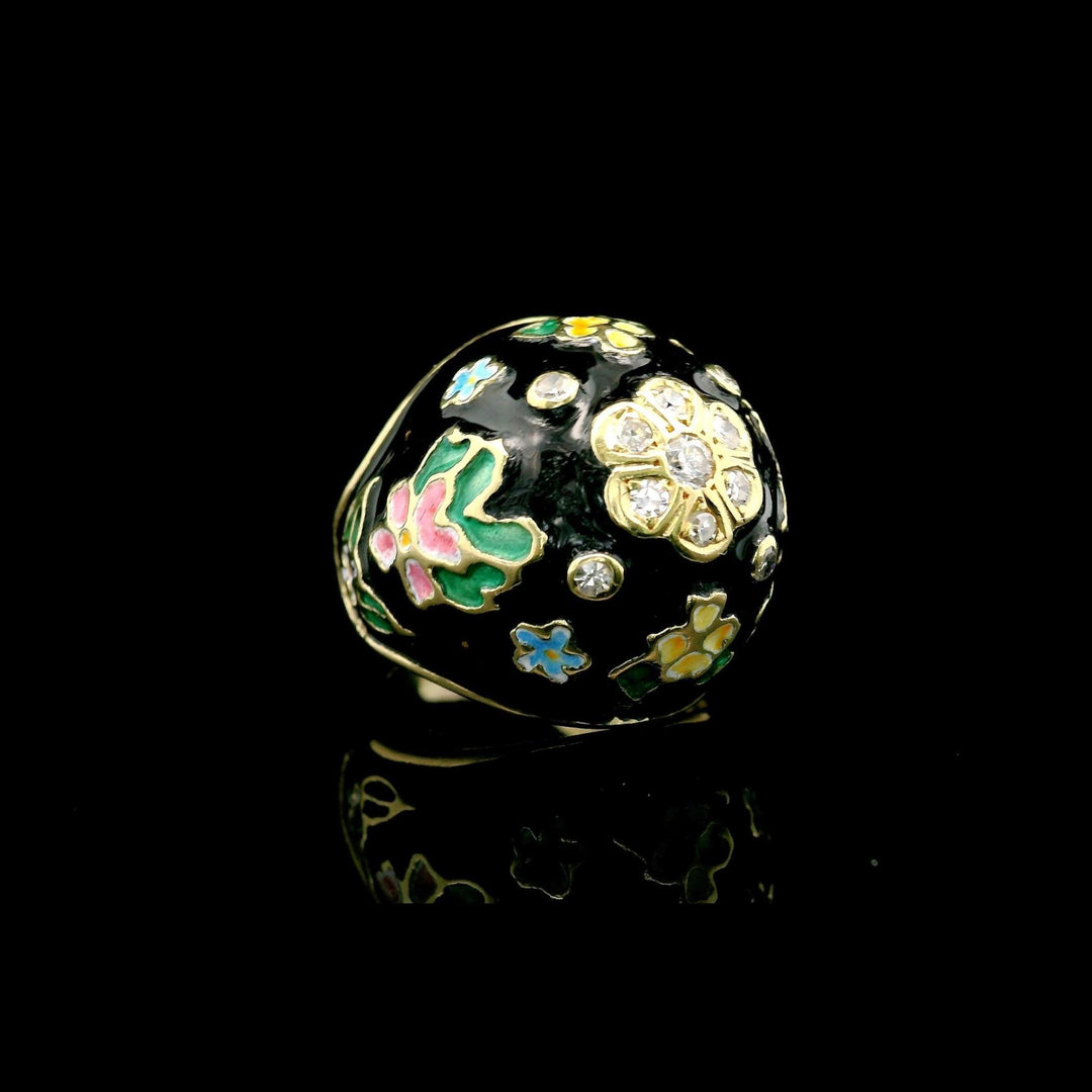14k Yellow Gold Enamel and Diamond Heavy Bombe Ring Size 4.25