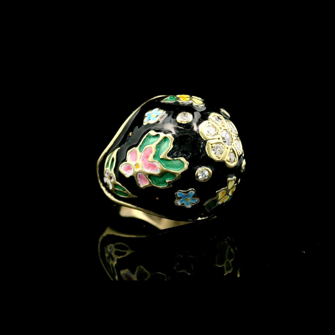 14k Yellow Gold Enamel and Diamond Heavy Bombe Ring Size 4.25