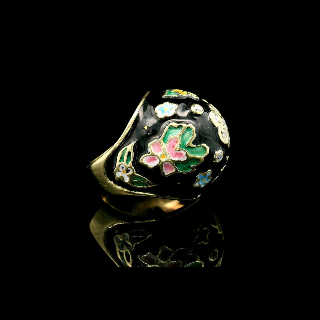 14k Yellow Gold Enamel and Diamond Heavy Bombe Ring Size 4.25