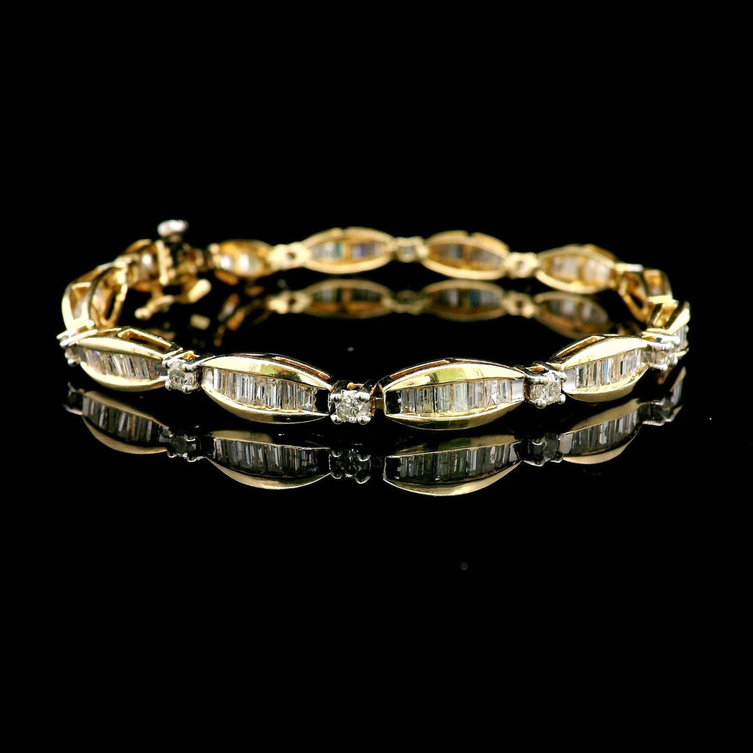 14k Yellow Gold and 2.5cttw Baguette and Round Diamond Bracelet 7.25"