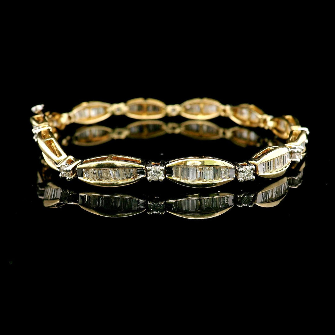 14k Yellow Gold and 2.5cttw Baguette and Round Diamond Bracelet 7.25"