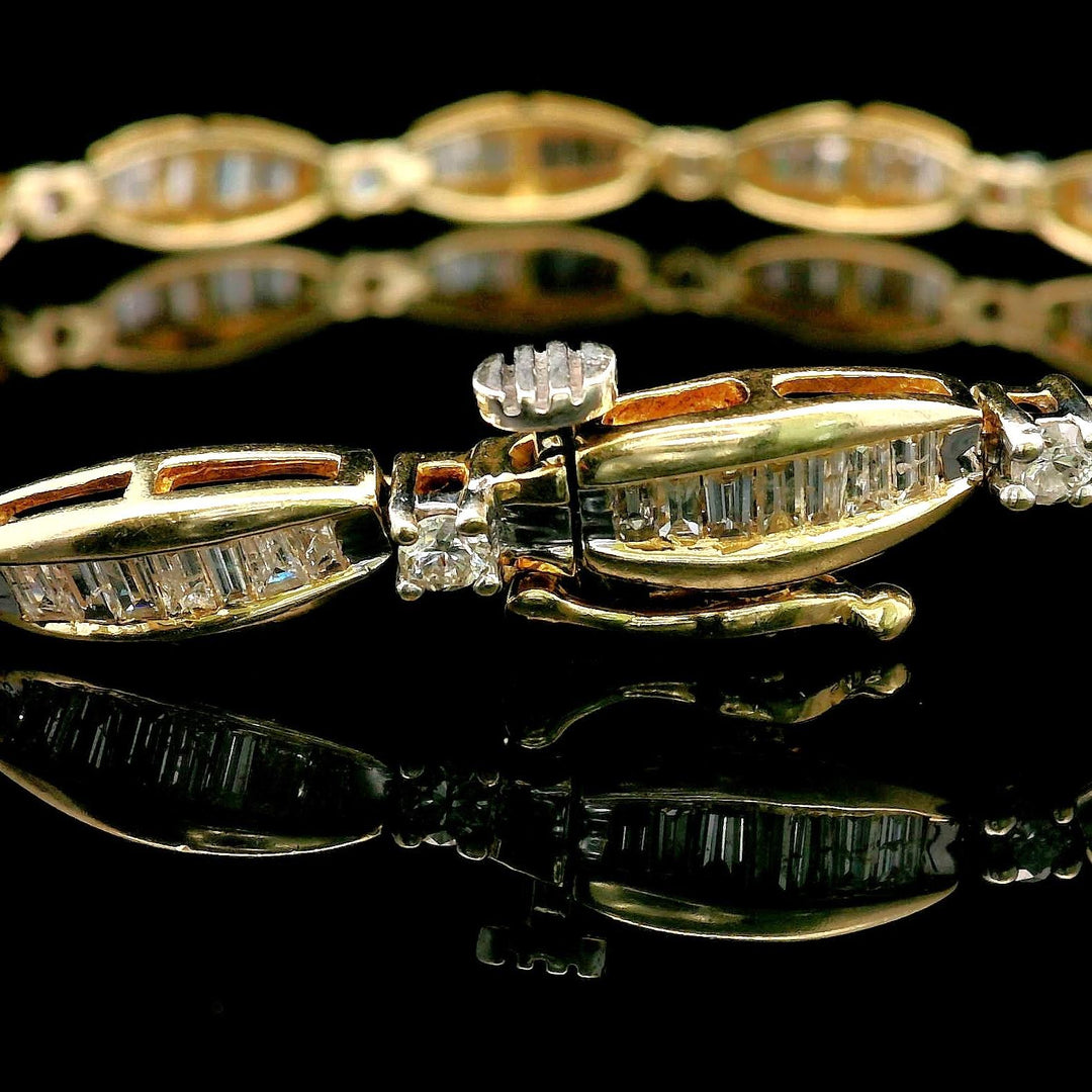 14k Yellow Gold and 2.5cttw Baguette and Round Diamond Bracelet 7.25"