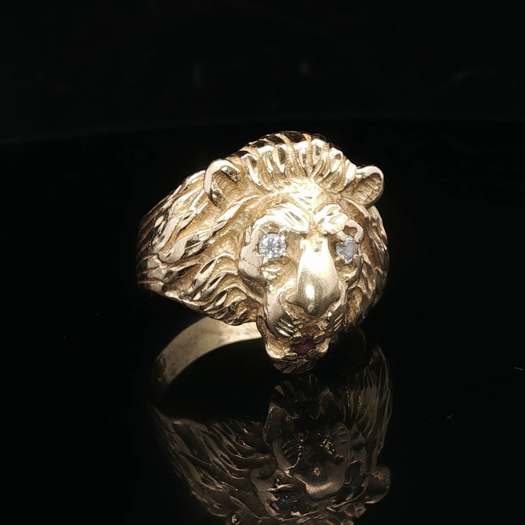 14k Yellow Gold Diamond and Ruby 11.7g Heavy Lion's Head Ring Size 8