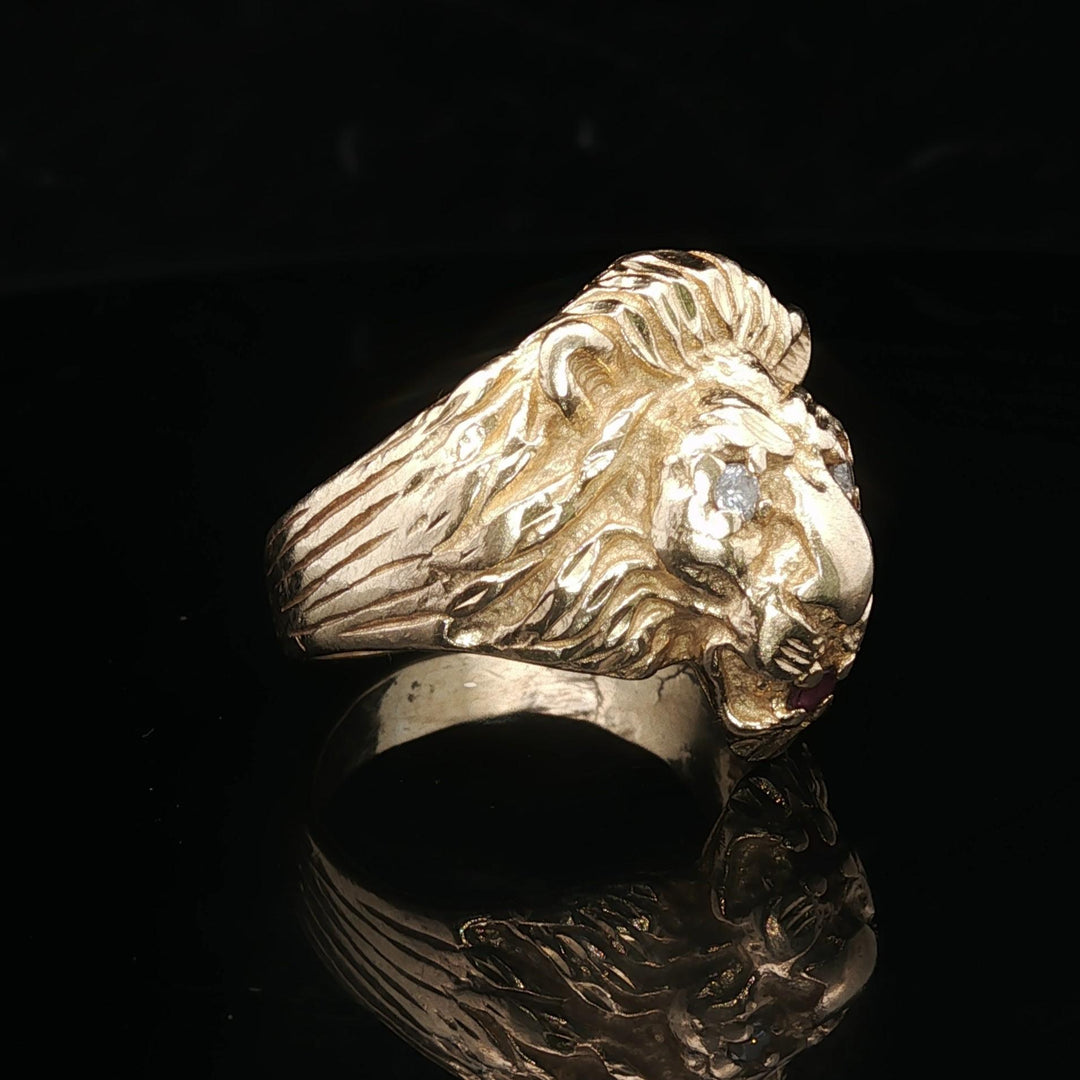 14k Yellow Gold Diamond and Ruby 11.7g Heavy Lion's Head Ring Size 8