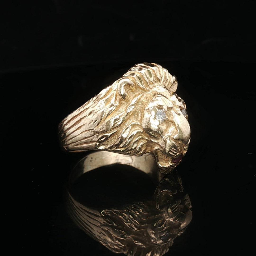14k Yellow Gold Diamond and Ruby 11.7g Heavy Lion's Head Ring Size 8