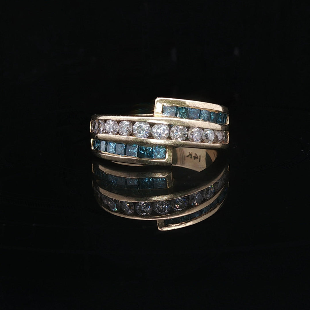 14k Yellow Gold 1.5cttw White and Blue Diamond Bypass Ring Size 6