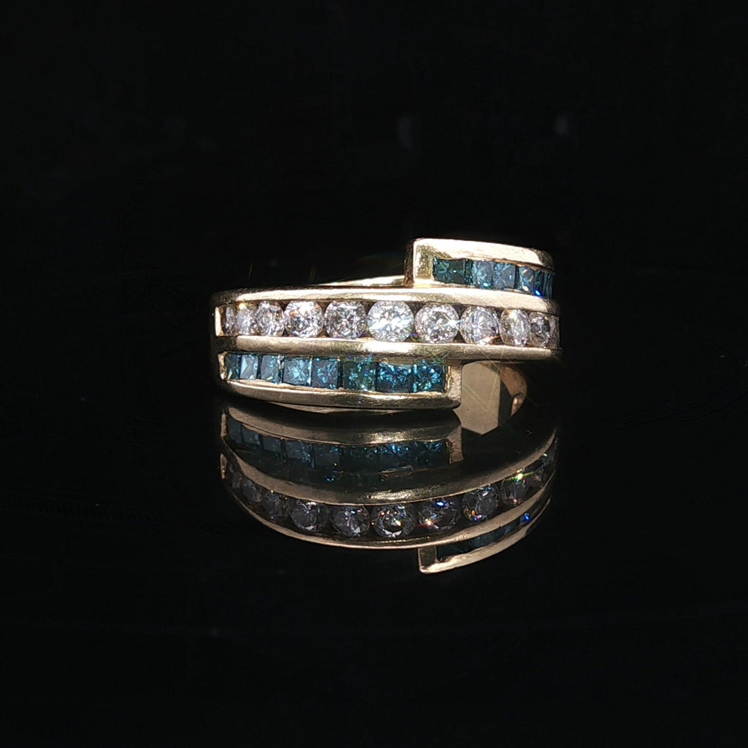 14k Yellow Gold 1.5cttw White and Blue Diamond Bypass Ring Size 6