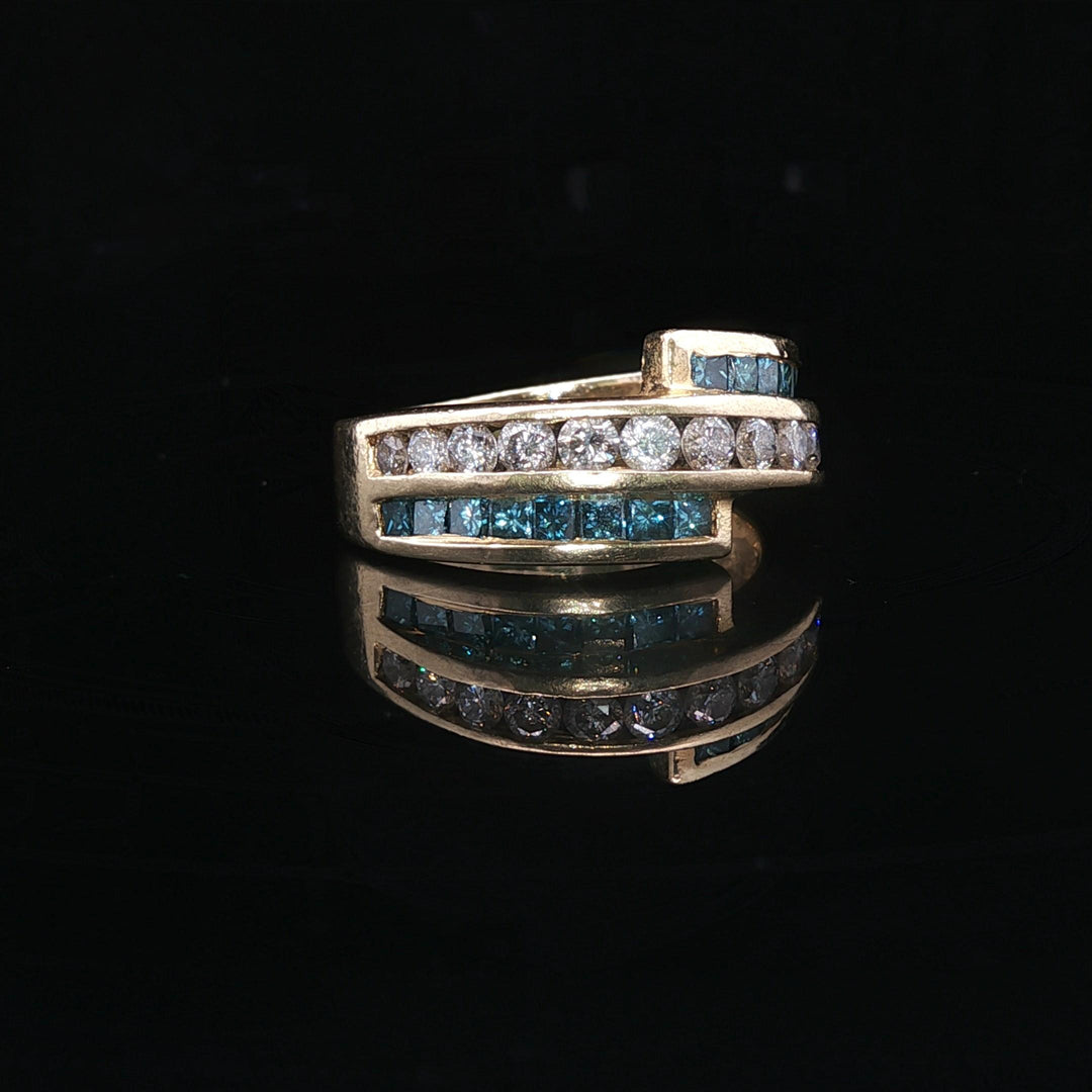 14k Yellow Gold 1.5cttw White and Blue Diamond Bypass Ring Size 6