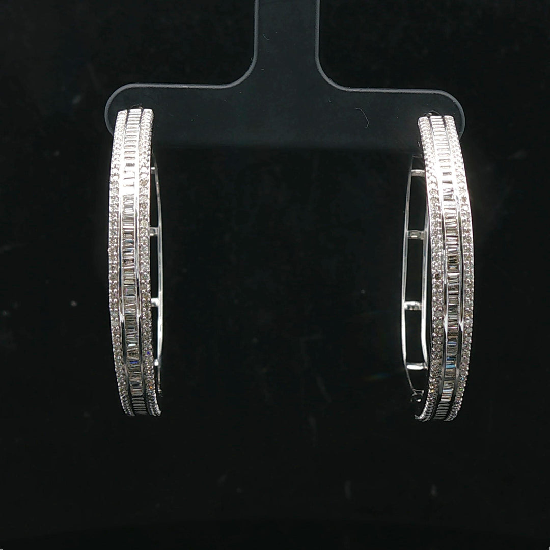 14k White Gold and 1cttw Baguette and Round Cut Diamond Hoop Earrings 1.5"