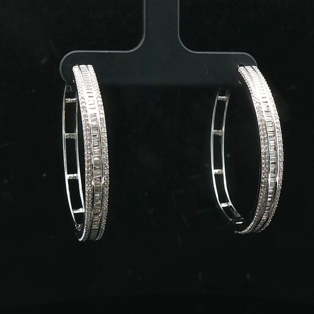14k White Gold and 1cttw Baguette and Round Cut Diamond Hoop Earrings 1.5"