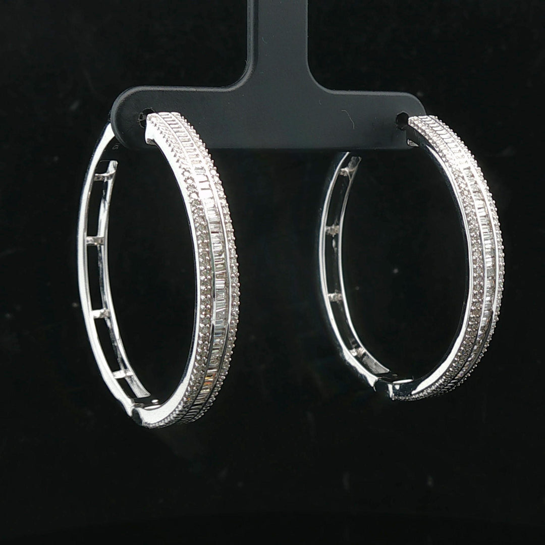 14k White Gold and 1cttw Baguette and Round Cut Diamond Hoop Earrings 1.5"